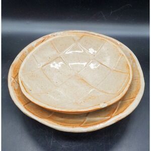 Set Of 2 Studio Art Pottery Beige Checkered Bowl Signed